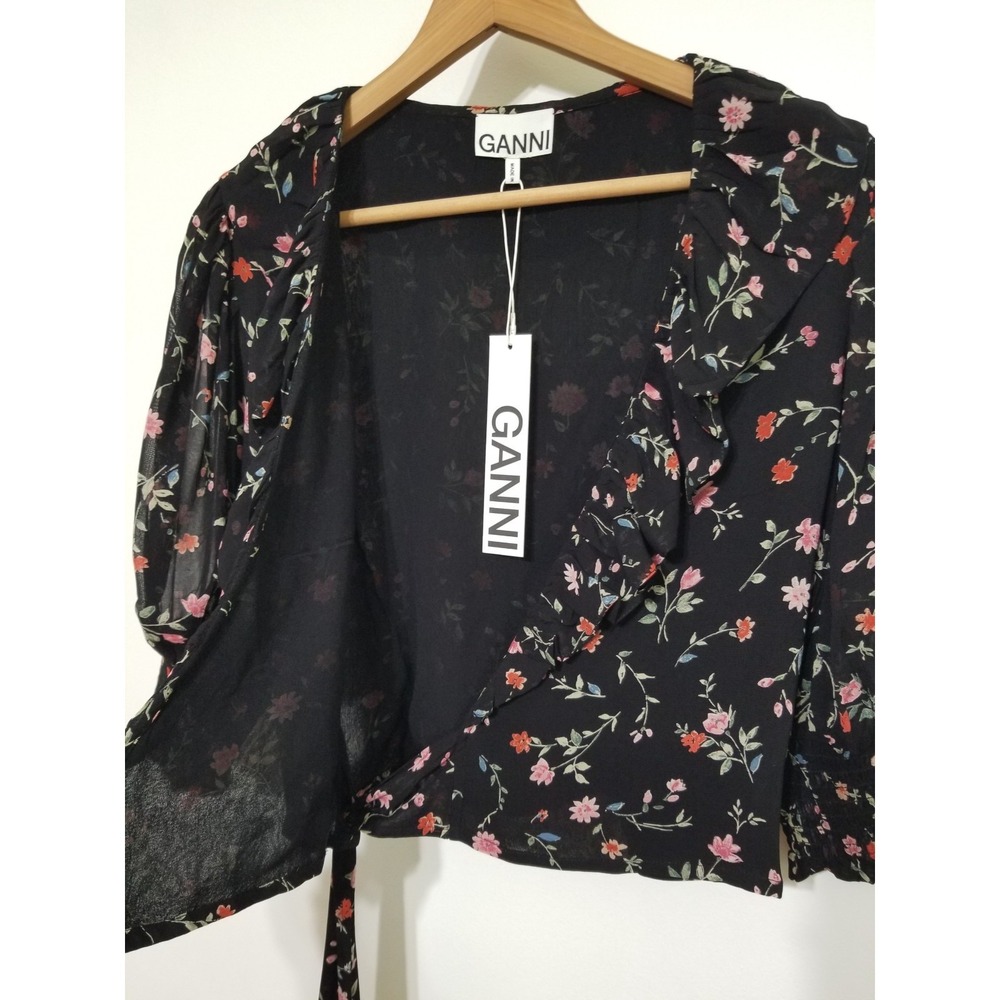 NWT GANNI Floral Print Georgette Wrap Blouse - Black & Pink 🌸 EU 38 (US 6) $160 - Picture 11 of 16